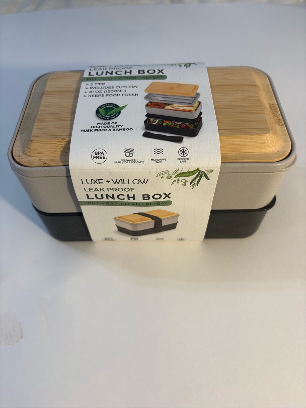 NWT Bento Lunch Box 2 Tier Leak Proof Cutlery Black Gray Nesting Bamboo Lid